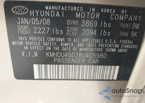 2008 Hyundai Elantra Gls/Se from USA, damaged, VIN KMHDU46D28U405980